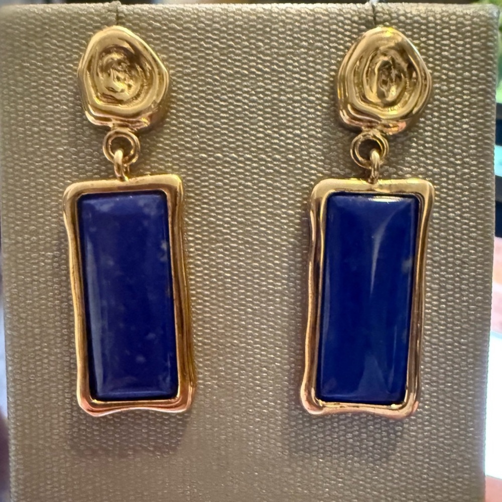 B Italy Blue Stone Rectangular Drop Earrings 1.25” - image 1